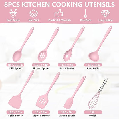TeamFar 8 PCS Silicone Cooking Utensils - 446°F Heat Resistant Kitchen Silicon Utensils Set, Turner, Spatula, Spoon, Whisk, Kitchen Cooking Gadgets Tools for Nonstick Cookware, Dishwasher Safe-Pink - Image 2