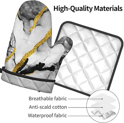 Black White Marble with Gold Stripes Oven Mitts and Pot Holders Set of 3, Non-Slip Heat Resistant Modern Abstract Art Hot Pads Kitchen Gloves for Cooking Grilling Baking, Gifts for Women, Home Decor
