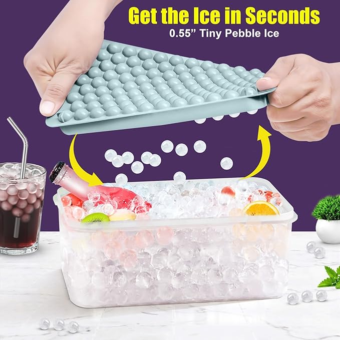 0.55in Mini Ice Cube Trays - Plastic Tiny Pebble Ice for Iced Coffee & Cocktails - Fast Chill, Easy Twist Release - Stackable with Lid, Storage Bin, Tongs, 2 Straws (4 pack, Blue) - Image 5