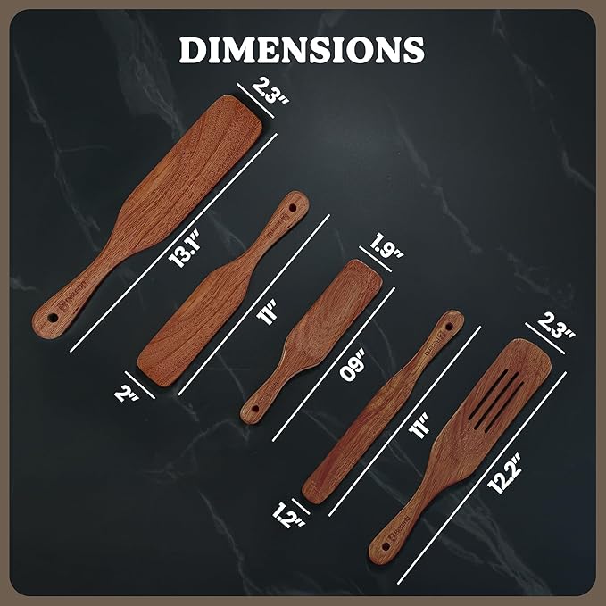 5-Piece Wooden Spurtle Set – Acacia Wood Kitchen Tools for Cooking, Mixing & Stirring – Non-Stick Safe Spurtle Spatula Set
