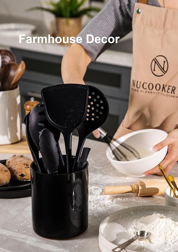 Nucookery Utensil Holder, 6.4" Ceramic Kitchen Utensil Holder with Countertop-Protection Cork Bottom, Farmhouse Kitchen Decor for Counter (Black) - Image 6