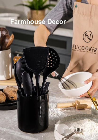 Nucookery Utensil Holder, 6.4" Ceramic Kitchen Utensil Holder with Countertop-Protection Cork Bottom, Farmhouse Kitchen Decor for Counter (Black) - Image 6