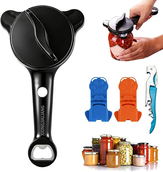 Adjustable Jar Opener for Weak Hands, 4-in-1 Multi-Function Manual Bottle Opener and Corkscrew Set for Seniors with Arthritis, Universal Lid Gripper Kitchen Gadget for All Jar Sizes (Black)