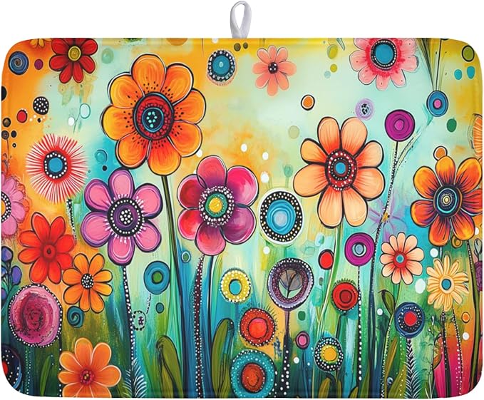 Abstract Colorful Floral Dish Drying Mat for Kitchen Counter Spring Summer Flower Microfiber Dish Drainer Mat Rustic Absorbent Washable Drying Pad Extra Large 18"x24"