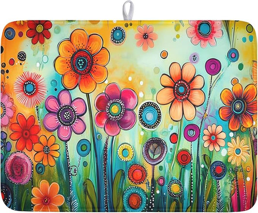 Abstract Colorful Floral Dish Drying Mat for Kitchen Counter Spring Summer Flower Microfiber Dish Drainer Mat Rustic Absorbent Washable Drying Pad Extra Large 18"x24"