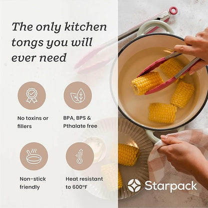 Starpack 'Get a Grip' Silicone Kitchen Tongs for Cooking (2Pcs) - BBQ Tongs for Grill Heat Resistant to 600°F - Stainless Steel Kitchen Utensils w/Non Stick Silicone Tips - 9",12" for Serving Food - Image 2