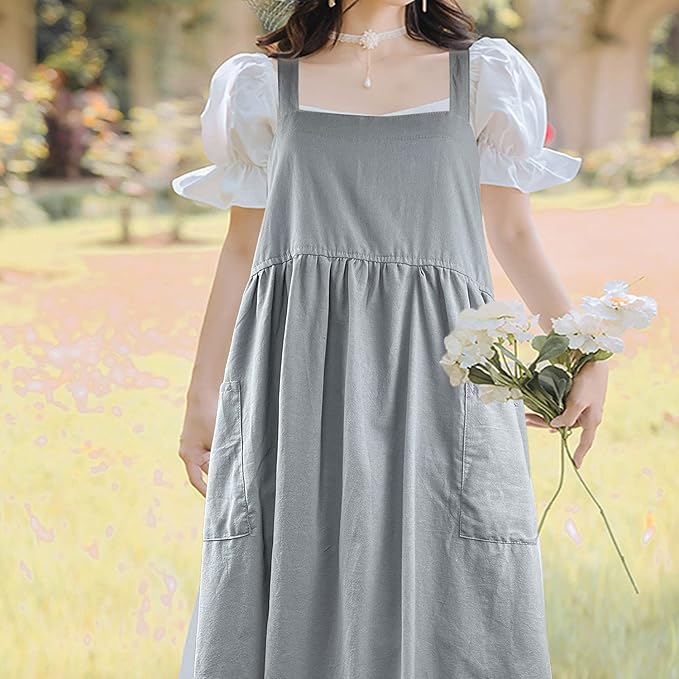 Uaussi Cotton Linen Apron Cross Back Work Apron for Women with Pockets Pinafore Dress X Cross Halter Apron for Chef Gardening - Image 2