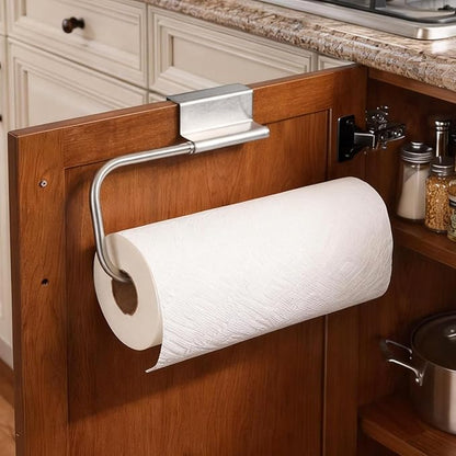 Over Cabinet Door Paper Towel Holder for Kitchen Cabinet Brushed Stainless Steel, Under Sink No Drilling Roll Dispenser for RV