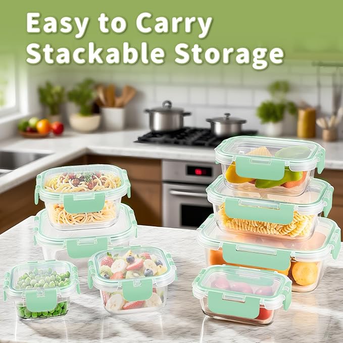 HOMBERKING 8 Pack Glass Food Storage Containers with Lids, Meal Prep Containers, Airtight Bento Boxes with Leak Proof Locking for Microwave, Oven, Freezer and Dishwasher, BPA Free, 5-35oz, light blue - Image 3