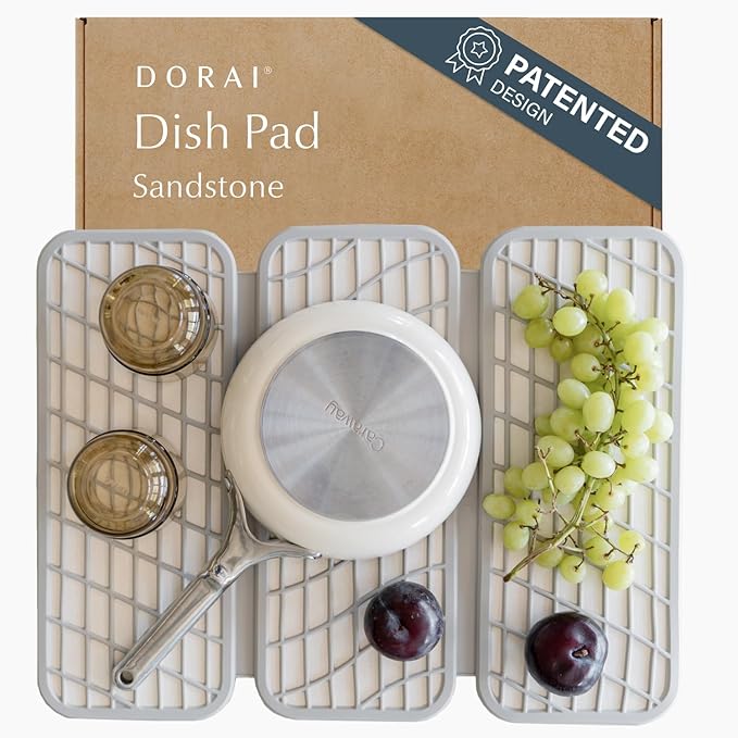 Dorai Home Dish Pad - Collapsable Stone Dish Drying Mat with Diatomaceous Earth for Quick Drying - Ultra Absorbent - Encased in Woven Silicone - Eco-Friendly, Foldable - Original 19.9"x15.2" Sandstone by DoraiHome
