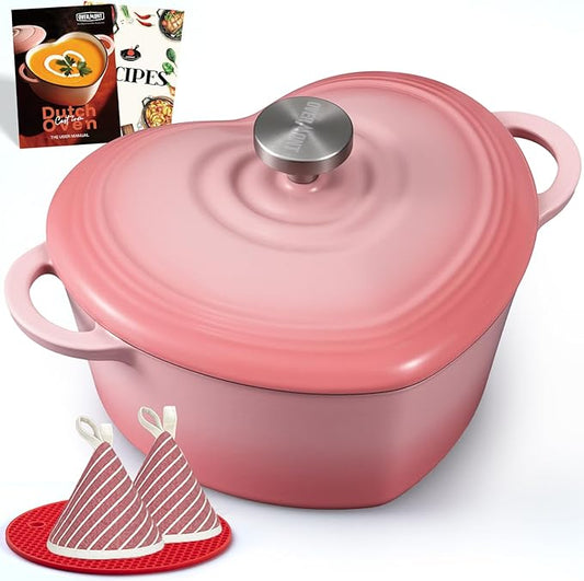 Overmont Enameled Cast Iron Dutch Oven - Heart-Shaped Pot with Lid Cookbook & Cotton Pot Holders - Mini Cookware Oven Safe to 500°F for Sourdough Baking Soups Stews - Great Gift for Birthday Wedding Housewarming 2QT Pink