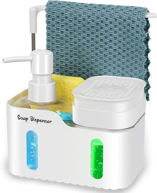 Hand Soap and Dish Soap Dispenser Set for Kitchen, Dual Soap Dispenser with Sponge Holder and Dishcloth Holder 4-in-1 Organizer for Kitchen Sink Countertop, Useful Kitchen Gadgets (White) by Bestseek