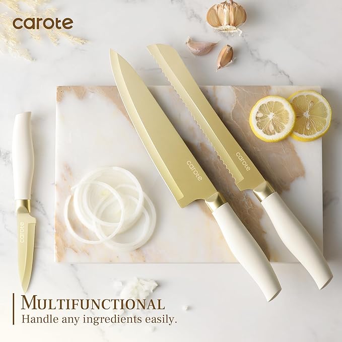 CAROTE 12PCS Kitchen Knife Set, Healthy Gold Titanium Coating Knife Set, Dishwasher Safe with 6 Blade Guards, Rustproof Stainless Steel Cutlery Set, White and Gold - Image 4