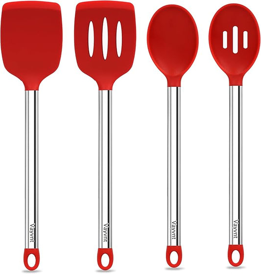 Vayvnt 4 PCS Silicone Kitchen Utensils, Large Cooking Utensils Set for Nonstick Cookware, Silicone Spatula Set Includes Spoons and Turners, Kitchen Essentials for Cooking, Dishwasher Safe, Red