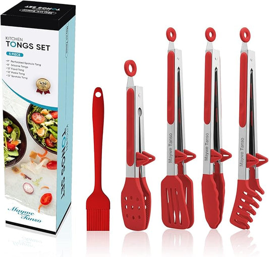 5-Pack Silicone Tongs for Cooking,Maywe Tanso 4PCS 13-Inch Kitchen Tongs with Silicone Tips,Nonstick Stainless Steel Tong for Steak Pie Pizza Pasta Spaghetti Salad BBQ Buffet,Plus Brush by MayweTanso
