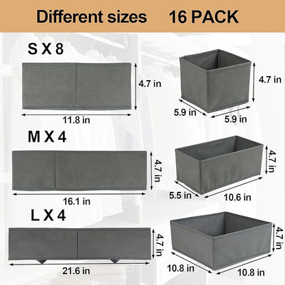 Fordonral 16 Pack Drawer Organizer Clothes, Foldable Fabric Dresser Organizer Closet Organizers and Storage Box for Underwear,Folded Clothes,Baby Clothing,Socks,Bra,Towels,Ties(Gray) - Image 2