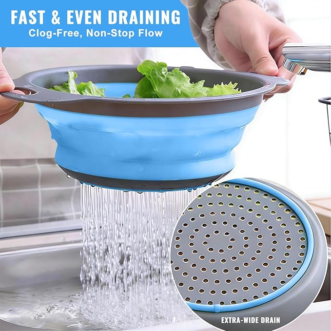 2 Pack Collapsible Silicone Colander with Handle, Over Sink Foldable Food Strainer, BPA-Free Space Saving Drain Basket for Vegetables, Fruits, Pasta, Kitchen & Camping (Blue) - Image 2