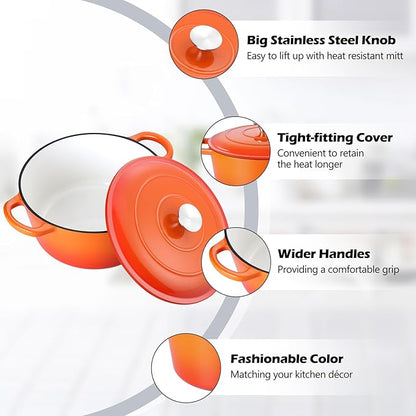 TeamFar Enameled Cast Iron Dutch Oven, 6QT Nonstick Dutch Oven Pot with Lid & Dual Handles for Bread Baking Braising Simmer Roasting, Non Toxic & Heavy Duty, Multi Stoves & Oven Safe - Orange - Image 3