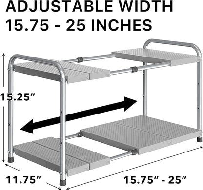Simple Houseware Under Sink 2-Tier Heavy Duty Expandable Rack Organizer, Adjustable Width 15.75–25 Inches with 4 Shelf Height Levels, Silver
