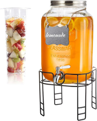 2 Gallon Drink Dispensers for Parties, 1 Pack Glass Beverage Dispenser with Stand & 18/8 Stainless Steel Spigot, Lemonade Jug for Wedding, Picnic, BBQ by JOFUYU