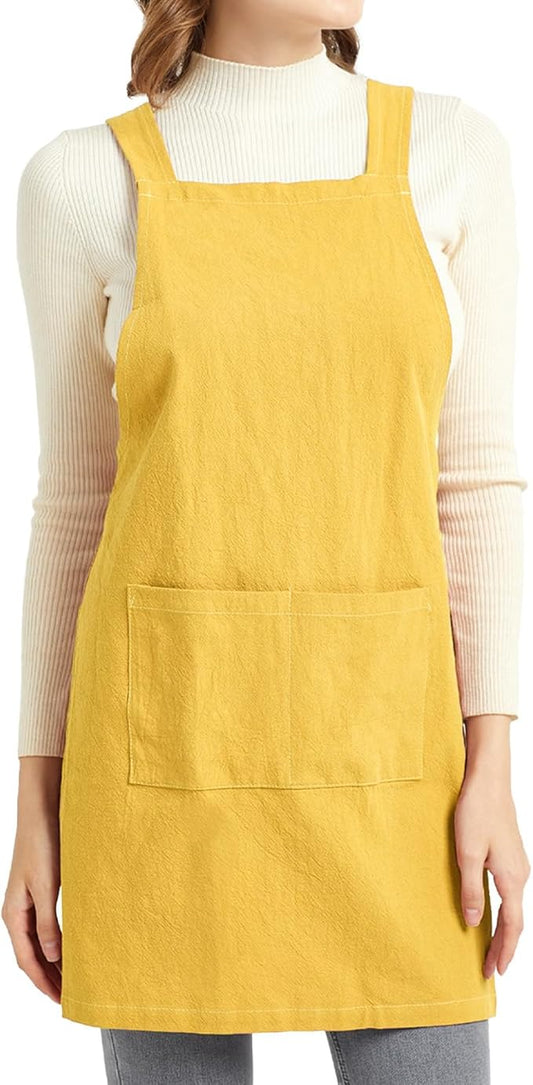 ELEZAY Aprons for Women with Pockets Plus Size Comfort Cross Back No Tie Cotton Linen Apron Pinafore