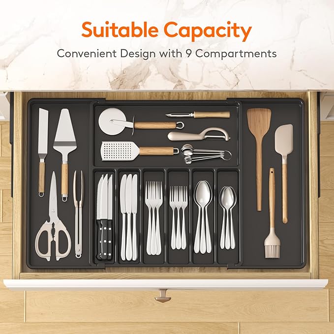 Lifewit Silverware Drawer Organizer, Expandable Utensil Tray for Kitchen, BPA Free Flatware and Cutlery Holder, Adjustable Plastic Storage for Spoons Forks Knives, 17- 30 x 18.5", Black - Image 3