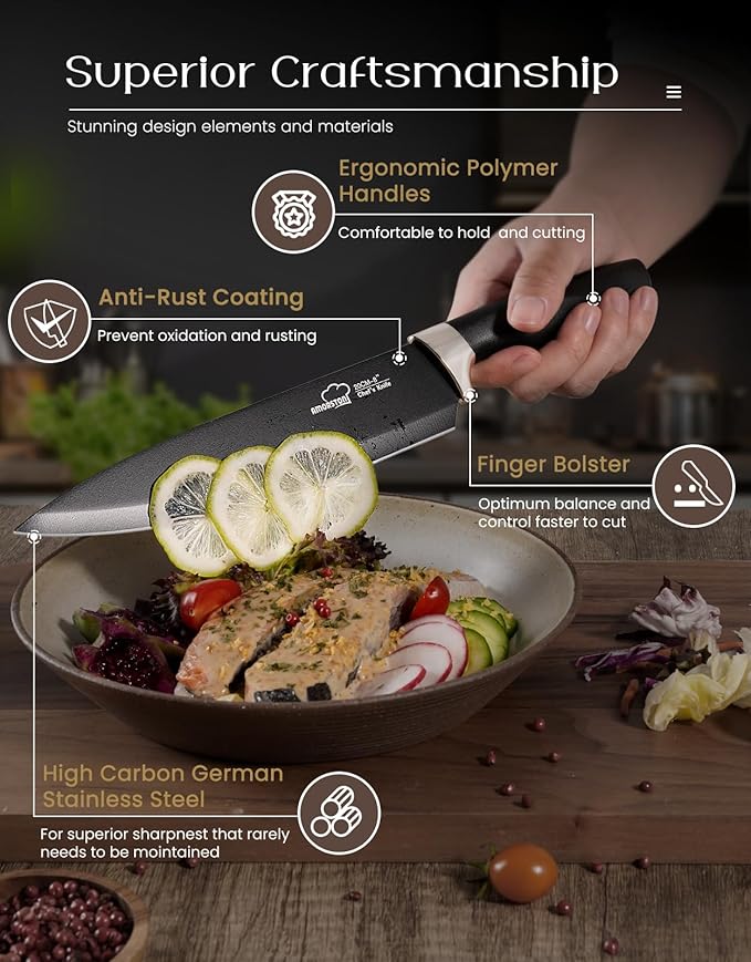 Amorston Knife Set, 15 Pieces Kitchen Knives Set with Block and Built in Sharpener, Dishwasher Safe Knife Block Set, German Stainless Steel Knife Block Set for Home Kitchen Mothers Day Gifts Black - Image 3