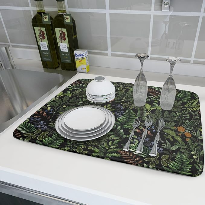 Black Sage Green Plant Dish Drying Mat for Kitchen Counter,Vintage Botanic Fern Leaves Floral Drying Mat 18 x 24 Inch with Absorbent Reversible Microfiber Drying Pad for Coffee Bar - Image 6