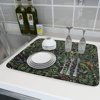 Black Sage Green Plant Dish Drying Mat for Kitchen Counter,Vintage Botanic Fern Leaves Floral Drying Mat 18 x 24 Inch with Absorbent Reversible Microfiber Drying Pad for Coffee Bar - Image 6