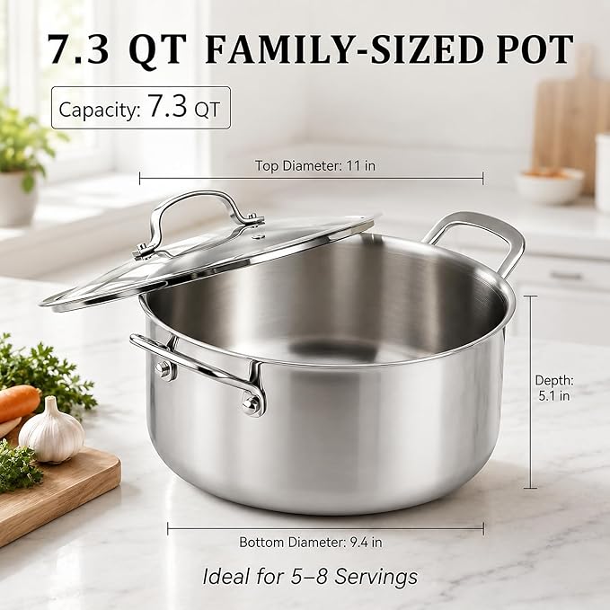 WANGYUANJI 7.3 QT Stainless Steel Stock Pot with Glass Lid, 11 Inch 18/10 Soup Pot with Tri-Ply Bonded Base, Induction & Oven Safe Large Cooking Pot for Pasta, Stew & Seafood Boil