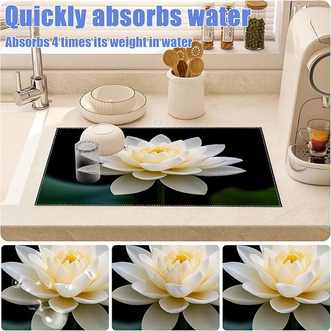 White Louts Flower Dish Drying Mat for Kitchen Counter Floral Drying Pad Absorbent Reversible Dish Drainer Rack Mats Draining Pad 18"x24"Inch - Image 4