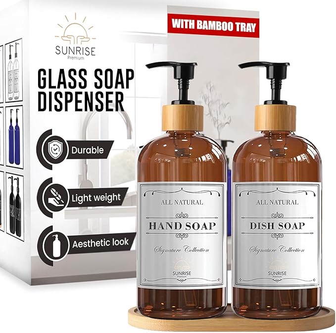 Sunrise Premium 16 OZ Thick Amber Glass Soap Dispenser, Bamboo Pump with Tray 2 Pack, Hand and Dish Soap Dispenser Set for Bathroom with 6 Waterproof Labels by SunrisePremium
