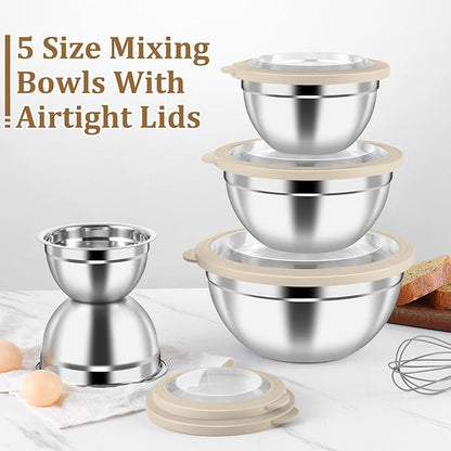 P&P CHEF Mixing Bowls with Visible Airtight Lids Set of 5, 10-Piece Stainless Steel Mixing Nesting Bowl, Metal Bowl with Lid for Kitchen Prepping & Storing, Size 4.6, 3, 1.5, 1, 0.7 QT, Khaki