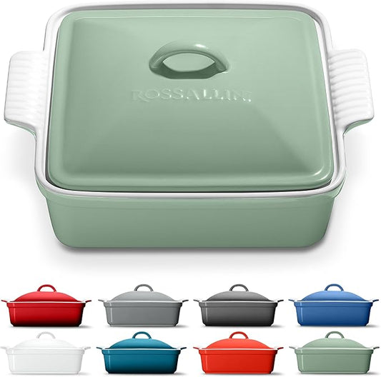 ROSSALLINI Stoneware Casserole Dish Bakeware with Lid | Covered Square Dinnerware | Large 2.5 Quart, [Sage Green]