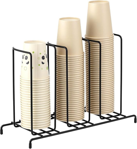 QWORK Wire Frame Cup and Lid Organizer, 3 Compartment Metal Wire Rack for Coffee Station Plastic Beverage Cups and Lids Countertop Storage Holder Black Steel Cup Dispenser