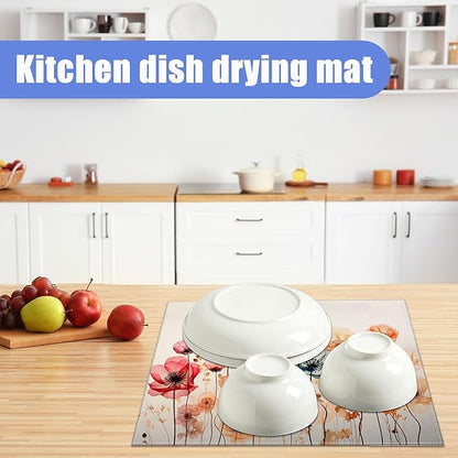 Poppy Dish Drying Mat for Kitchen Counter Wild Flower Drying Pad Absorbent Reversible Dish Drainer Rack Mats Draining Pad 18"x24"Inch - Image 6