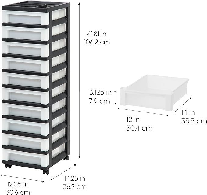 IRIS USA Plastic Drawer Storage Organizer Rolling Cart, with Wheels Casters, 10-Drawers, for Classroom Art Craft Supplies Dresser Closet Bathroom Laundry Room, Black/Pearl - Image 3