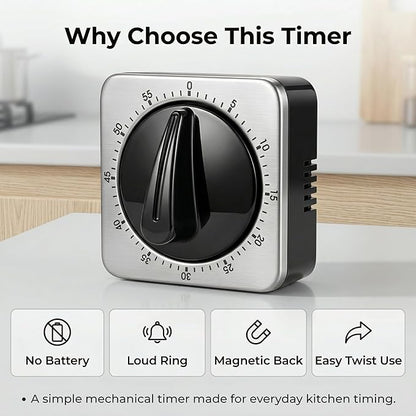 Searon Kitchen Timers for Cooking, Mechanical Wind Up Timer with Loud Ring, Magnetic Back, No Battery Needed, Stainless Steel Countdown Timer for Cooking and Baking - Image 9