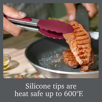 Tovolo Stainless Steel Tongs with Silicone Tip Set 9" 12" with Easy Lock Mechanism for Grilling Air Fryer Cooking Serving Salad, Heat Resistant Silicone Tipped Kitchen Tongs Sangria Red Black