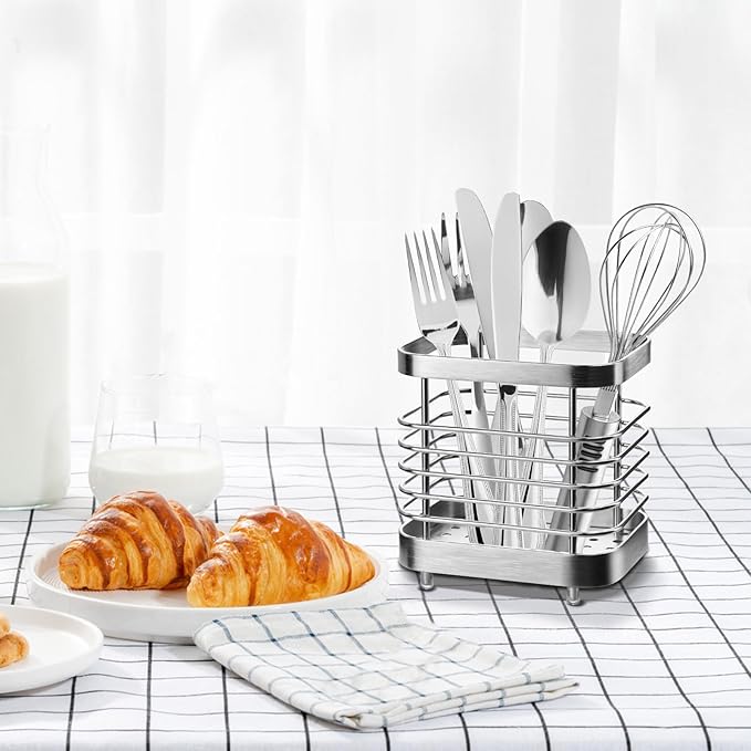 Utensil Holder, Stainless Steel Utensil Drying Rack for Kitchen Counter, Silverware Cutlery Flatware Holder Forks, Knives, Spoons, Chopsticks Organizer (Silver) - Image 7