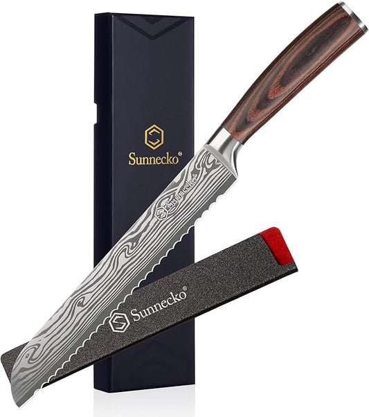 Sunnecko Bread Knife 8 Inch, High Carbon Stainless Steel Serrated Bread Knife for Homemade Bread, Wedding Cake Knife with Wooden Handle Serrated Kitchen Knife with Sheath by Sunnecko