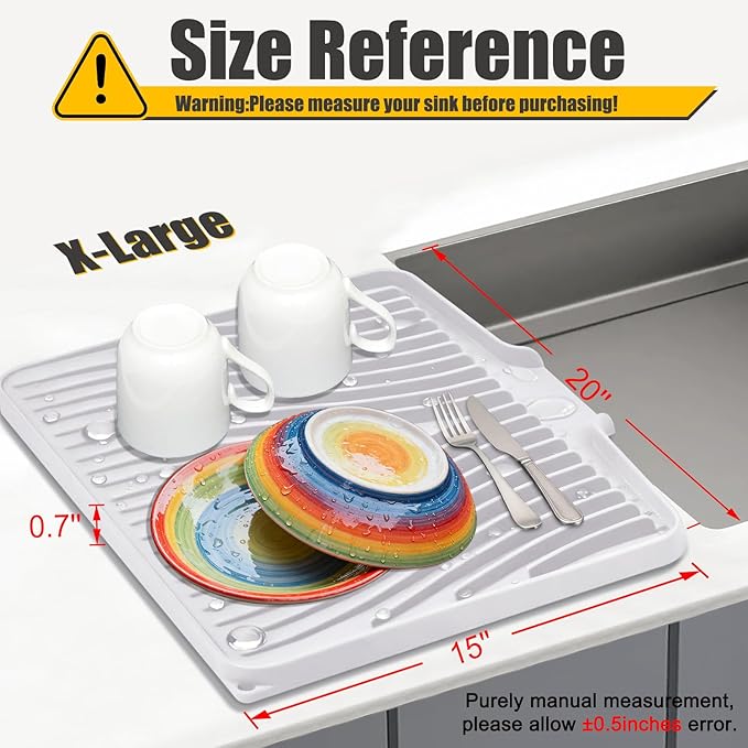 TIKNIK Silicone Dish Drying Mat, Stone Drying Mat for Kitchen Counter with Built-In Drain, Non-Slip Drain Pad with Built-in Drain, Heat Resistant Stone Drying Mat, Hangable, White-1pcs, 20" x 15" - Image 2