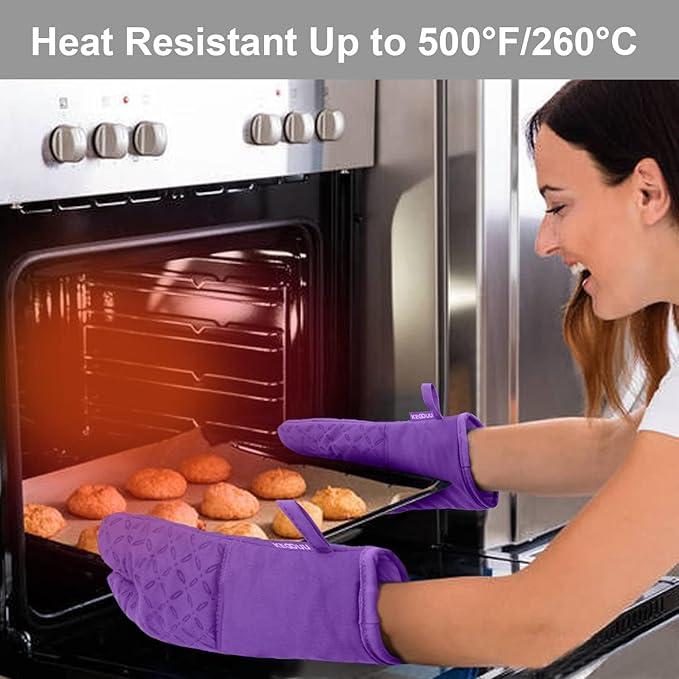 KEGOUU Oven Mitts and Pot Holders 6pcs Set, Kitchen Oven Glove High Heat Resistant 500 Degree Extra Long Oven Mitts and Potholder with Non-Slip Silicone Surface for Cooking (Purple) - Image 5