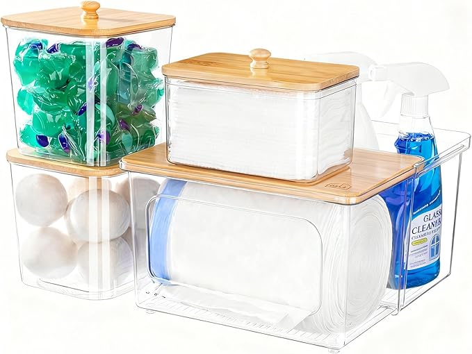 iCASA Trash Bag Dispenser Dishwasher Pod Holder - 5 in 1 Plastic Garbage Bag Under Sink Organizer, Acrylic Dryer Sheet Balls Laundry Pods Container with Bamboo Lid, Pantry Organizers and Storage Box by iCASA