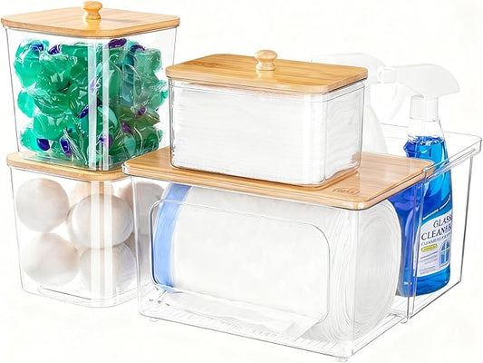 iCASA Trash Bag Dispenser Dishwasher Pod Holder - 5 in 1 Plastic Garbage Bag Under Sink Organizer, Acrylic Dryer Sheet Balls Laundry Pods Container with Bamboo Lid, Pantry Organizers and Storage Box by iCASA