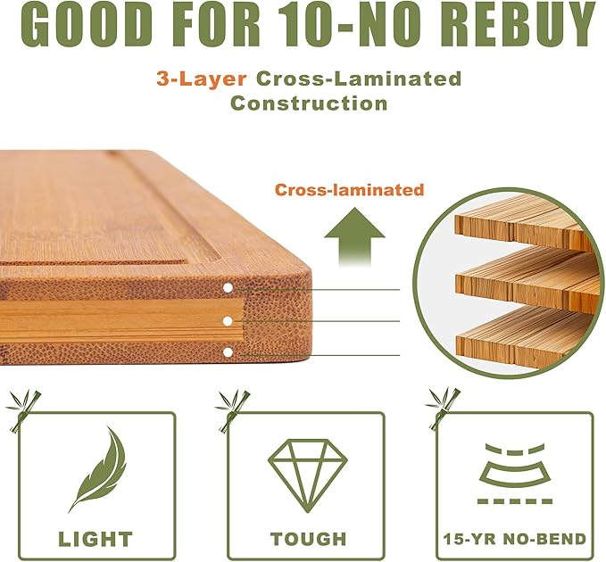 3-Piece Organic Bamboo Cutting Board Set for Kitchen - Carbonized Extra Sturdy Chopping Boards with Juice Grooves - Knife-Friendly Multi-Size (15", 12", 9") for Meat & Veggies - Housewarming Gift Box - Image 6