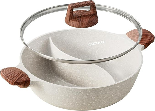 CAROTE Hot Pot with Divider Double Flavor Divided Stockpot with Glass Lid, Dual Sided Nonstick Stock Pot, Shabu Shabu Pots, Cookware for Induction Cooktop Gas Stove, 4.5-QT by CAROTE
