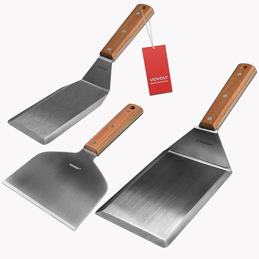 Stainless Steel Metal Spatula Set For Griddle, Grill Spatula Scraper for BBQ/Flat Top Grill- Full Tang Handle -Thicked Blade- Beveled Edges, Great Griddle Accessories for Pancake/Smash Burgers by VOVOLY