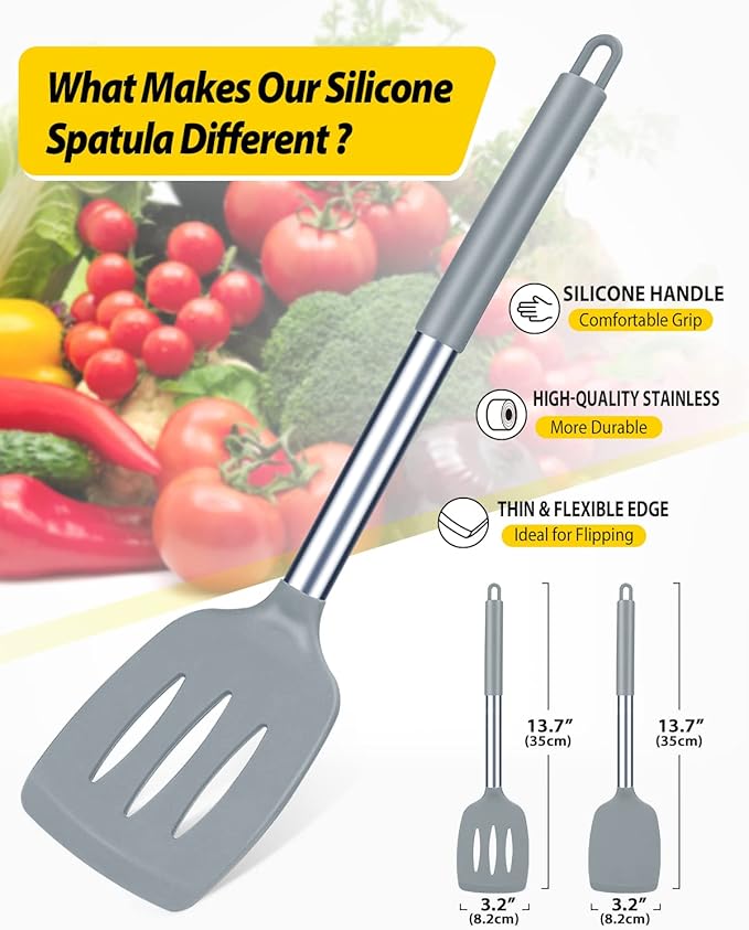 Pack of 2 Silicone Solid Turner, Non Stick Slotted Kitchen Spatulas, High Heat Resistant BPA Free Cooking Utensils, Ideal Cookware for Fish, Eggs, Pancakes(Gray) - Image 2