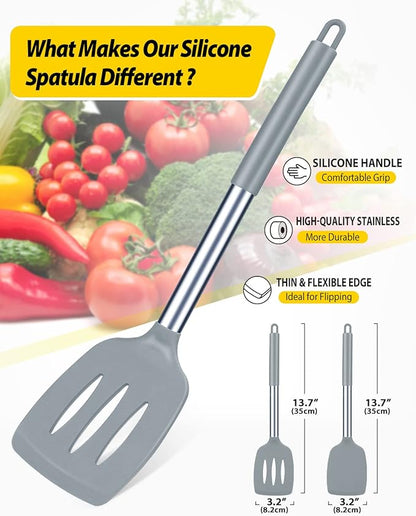 Pack of 2 Silicone Solid Turner, Non Stick Slotted Kitchen Spatulas, High Heat Resistant BPA Free Cooking Utensils, Ideal Cookware for Fish, Eggs, Pancakes(Gray) - Image 2